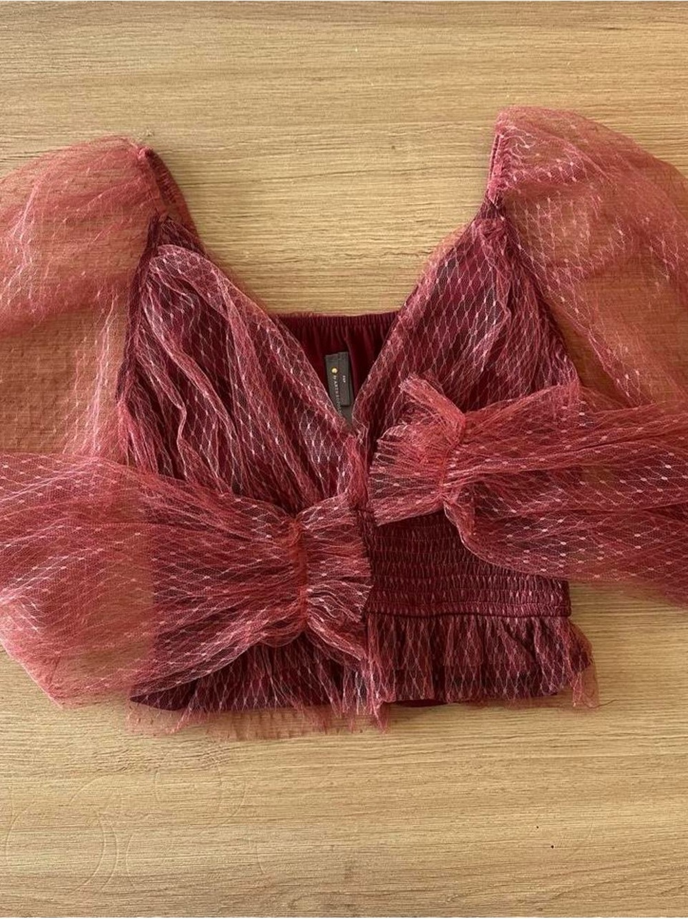 Anthropologie Rose-Mesh Puff-Sleeve Crop Top